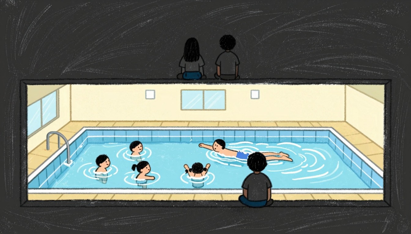 Eltern beobachten Schwimmunterricht von der Tribüne
