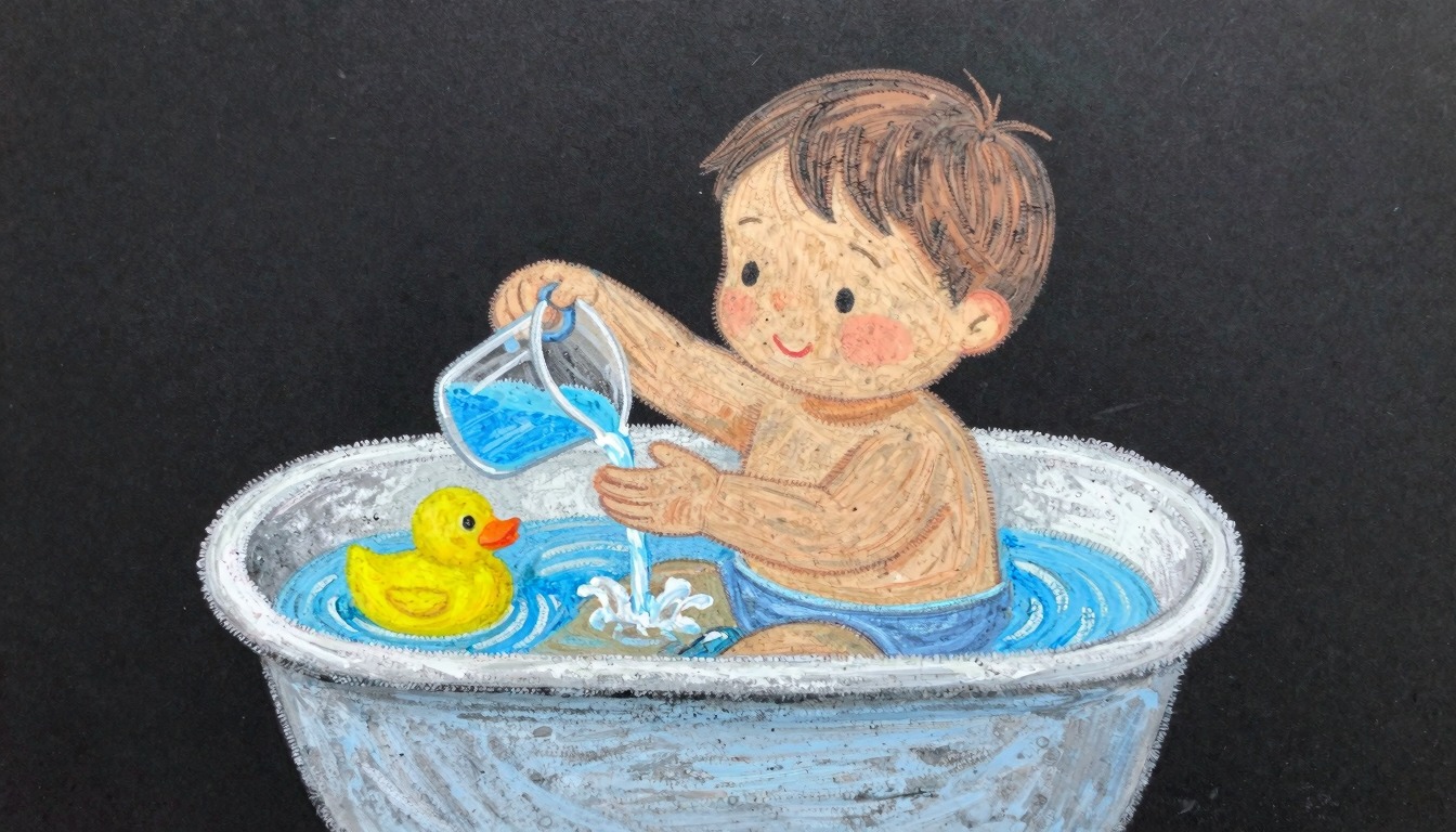 Chalk drawing of a child playing relaxed and playful with water at home in the bath