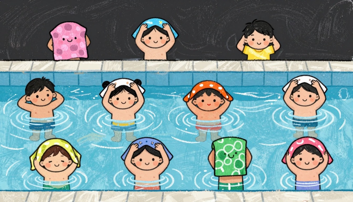 Chalk drawing of children drying off after swimming lessons