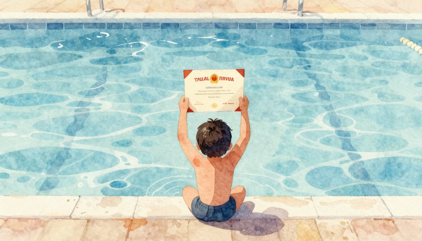 Kind met zwemdiploma aan de rand van een zwembad
