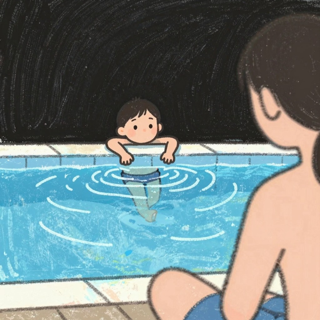 Child in pool with familiar supervisor at the edge