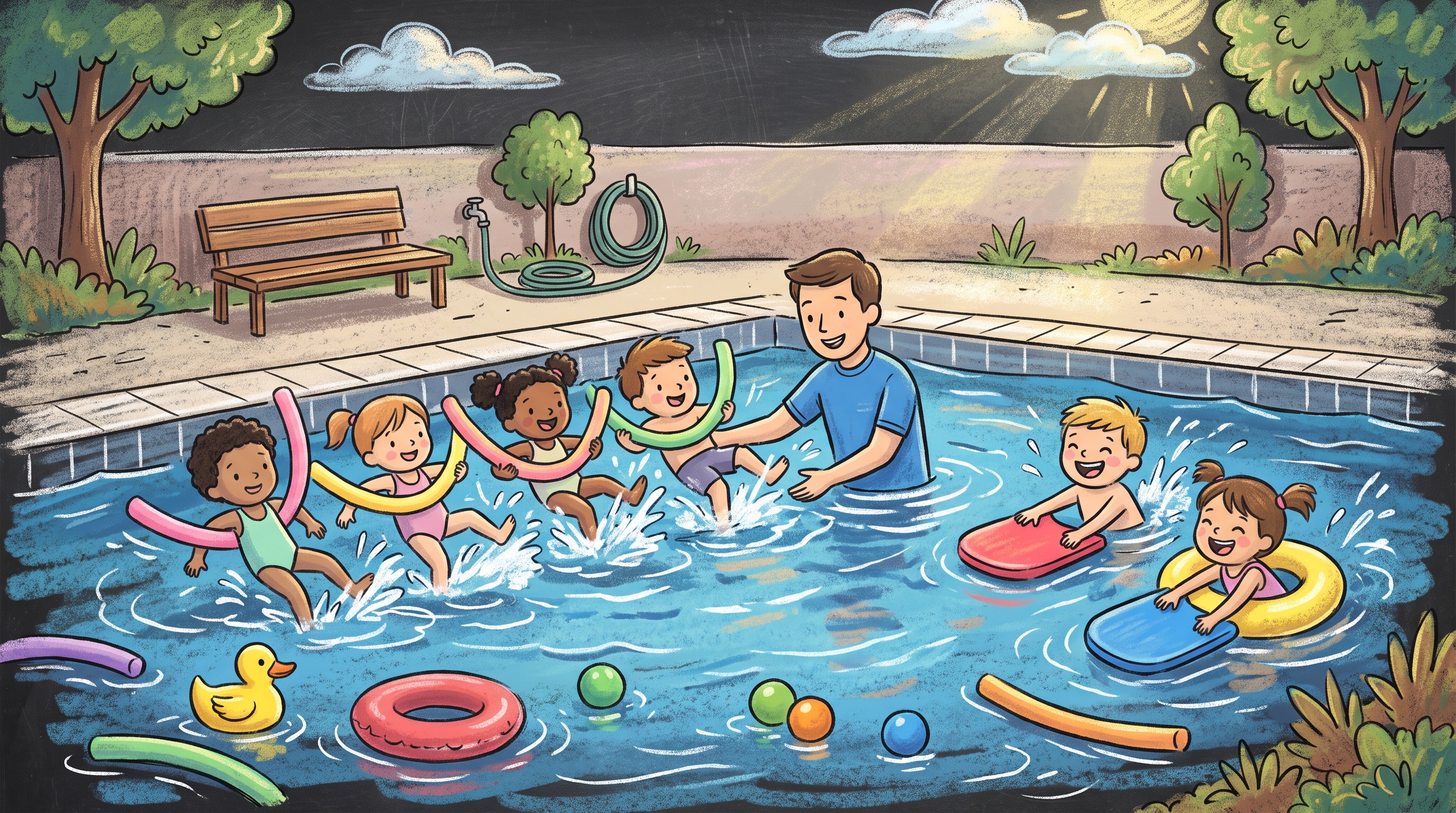 Kinderen die vrolijk zwemles hebben in het zwembad
