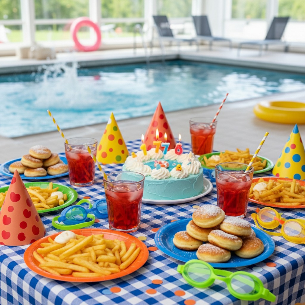 Kinderfeestje in het zwembad: feestelijke tafel met snacks en versiering