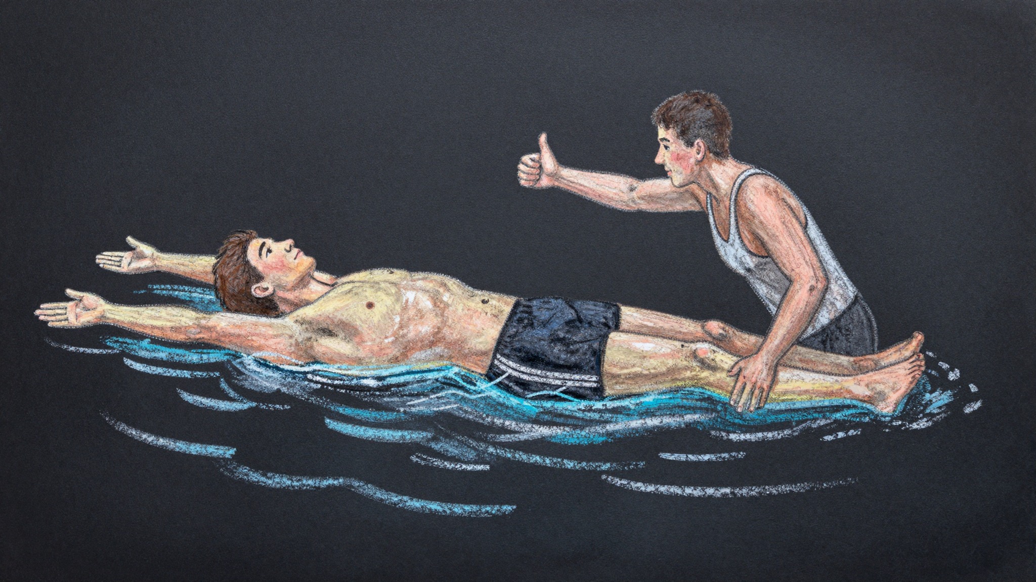 Swim instructor guiding adult student during floating exercise in a bright pool environment