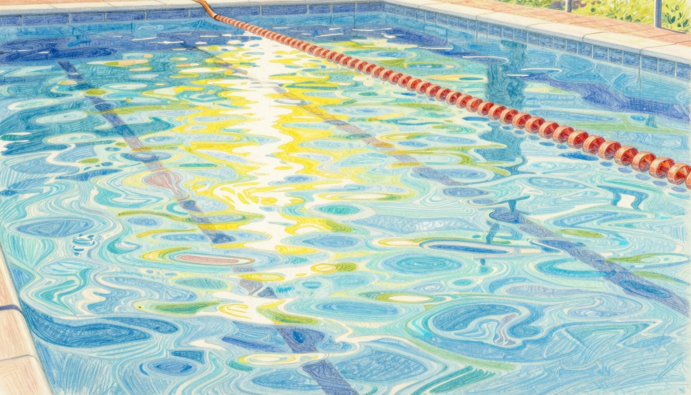 Zwembad water met zonlicht, kleurpotlood tekening