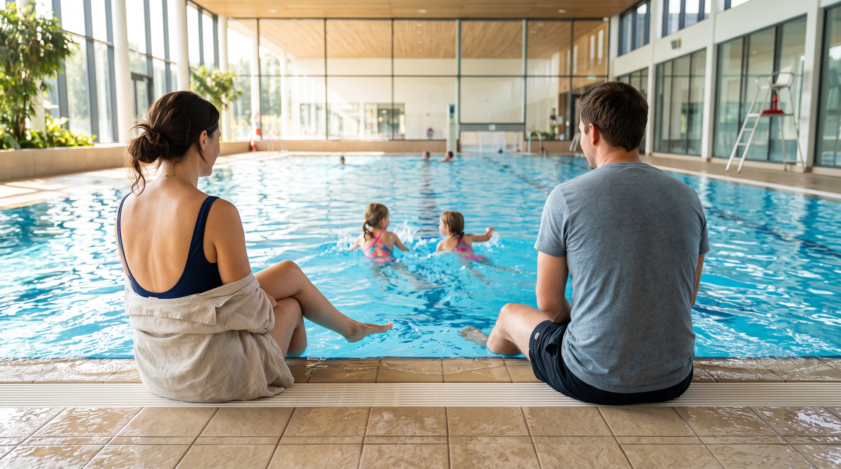 Zweminstructeur vinkt voortgang af in de Swimmigo app aan de badrand