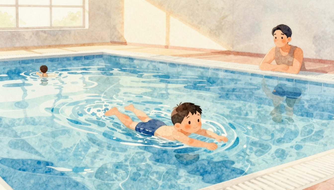 Niño nada confiado mientras un adulto observa orgulloso, estilo pintura acuarela