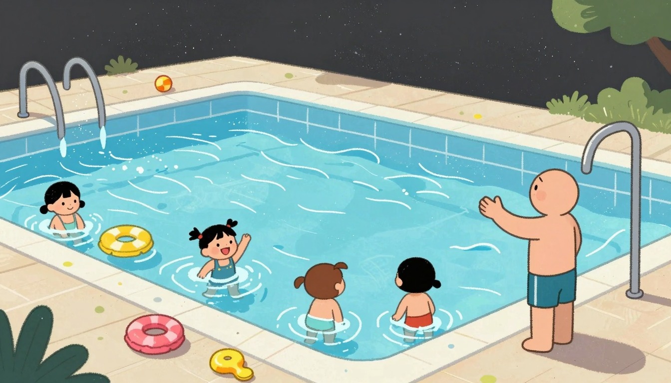 Swim instructor with children in the pool, chalk drawing style