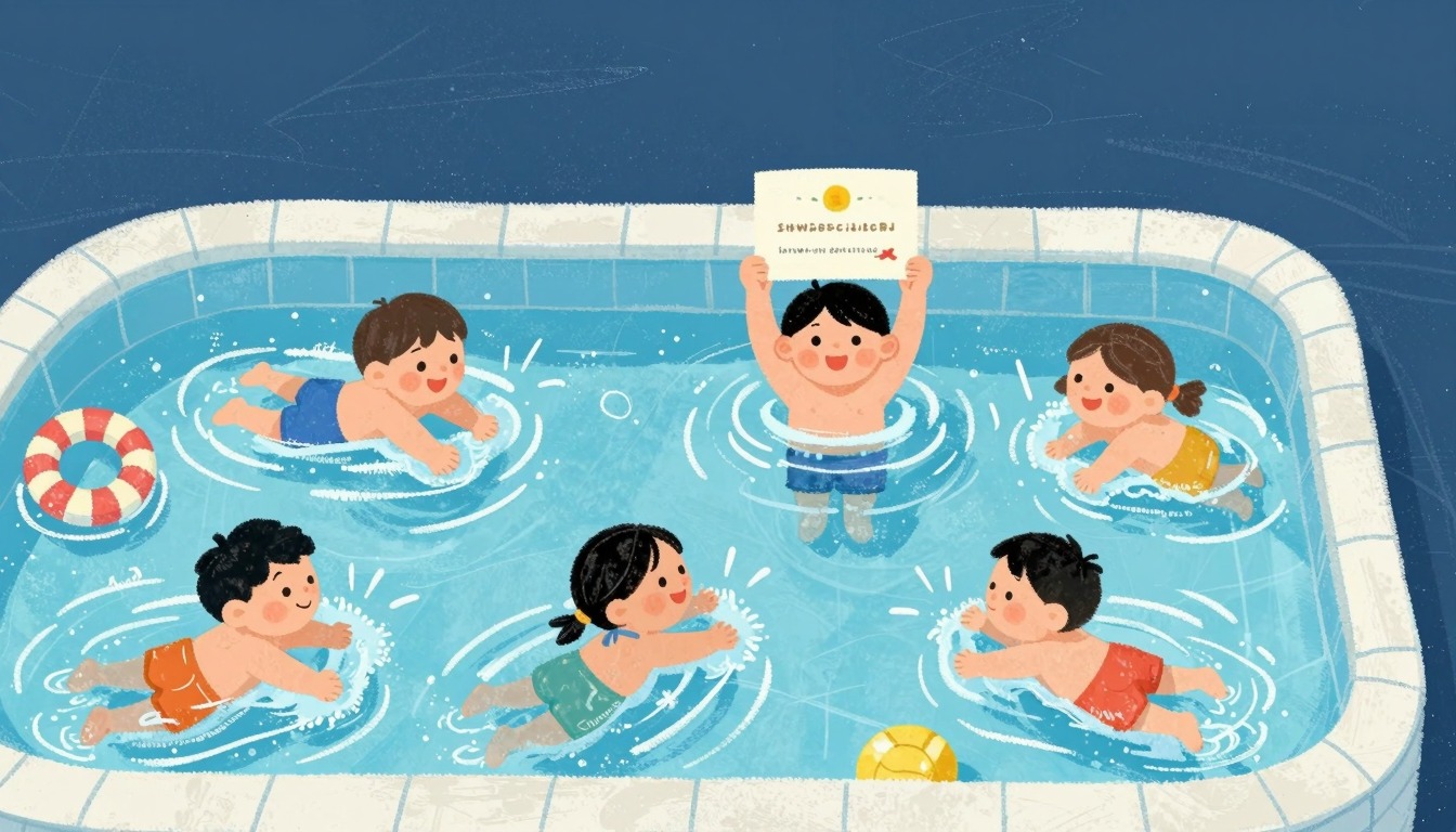 Enfants fiers montrant leur diplôme de natation pendant le cours