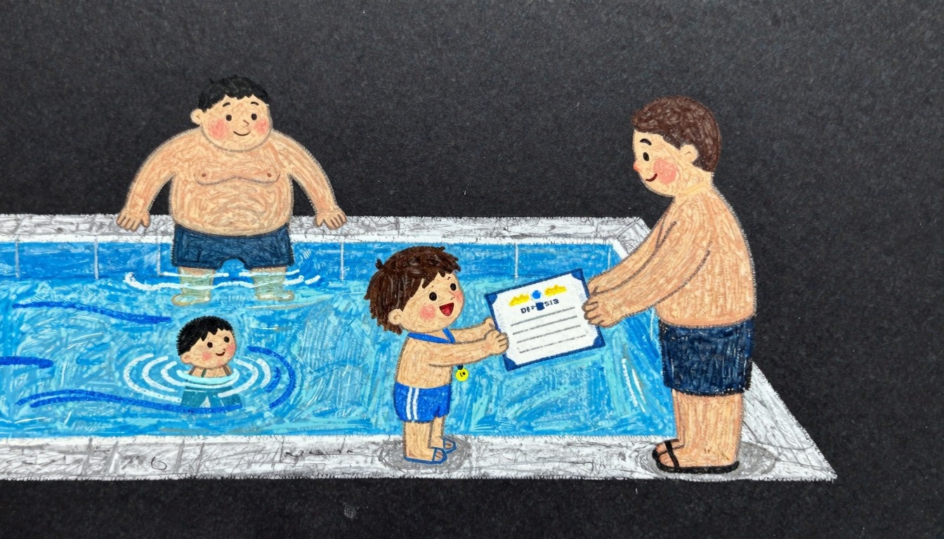 Child receiving a swimming diploma during swimming lessons