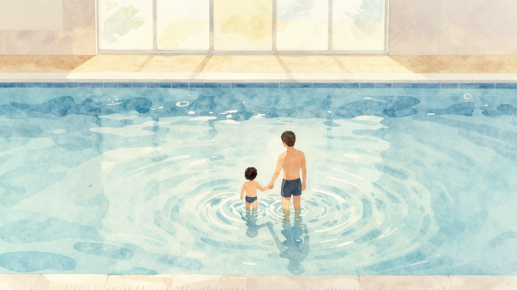 Ouder en kind staan samen hand in hand in het ondiepe water van het zwembad