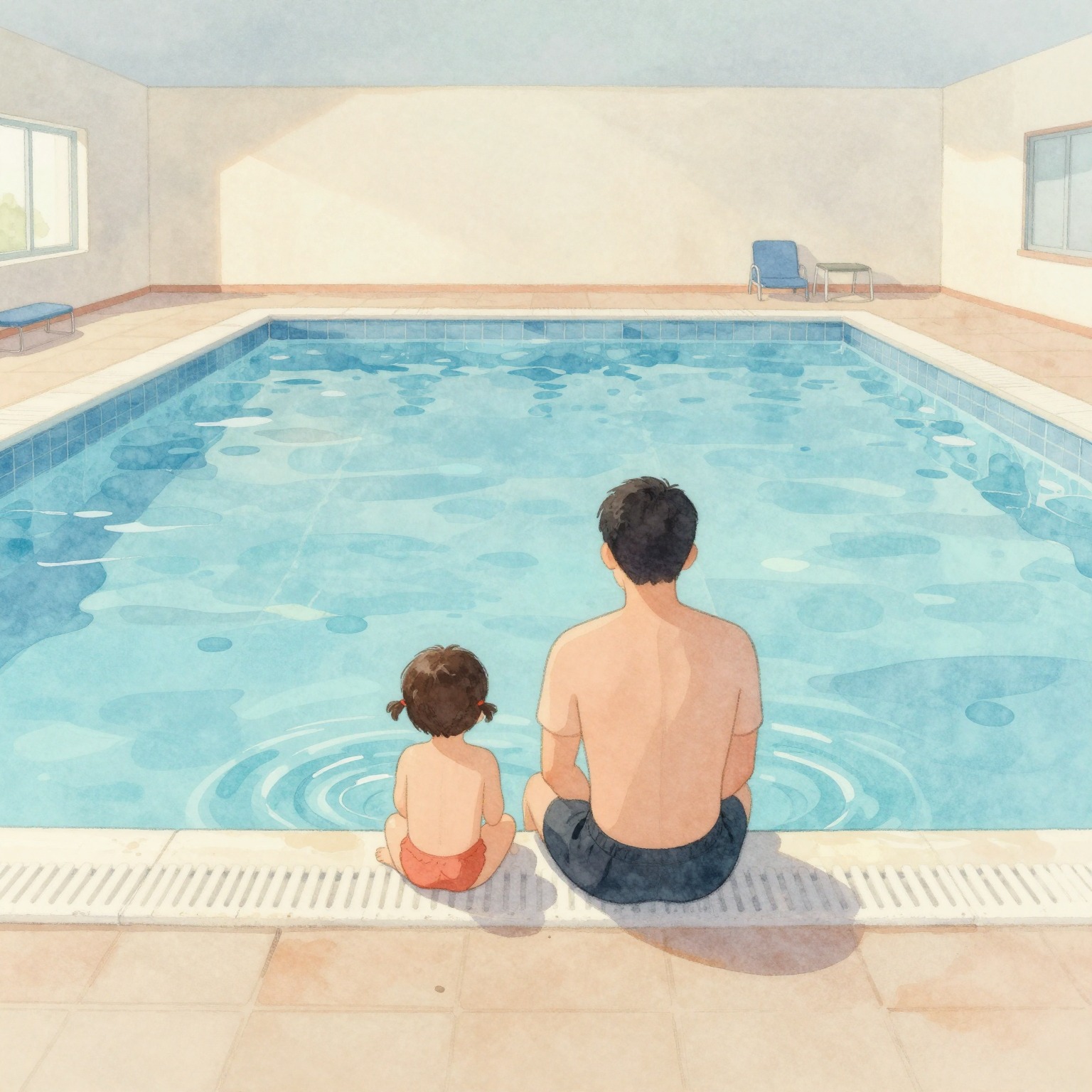Parent and child calmly at the edge of a swimming pool, watercolor