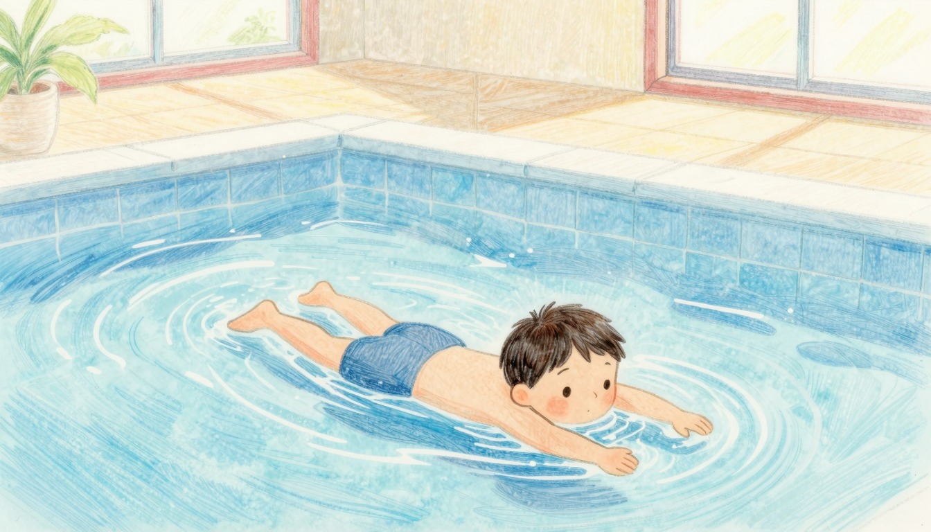 Niño flotando en piscina durante clase de natación