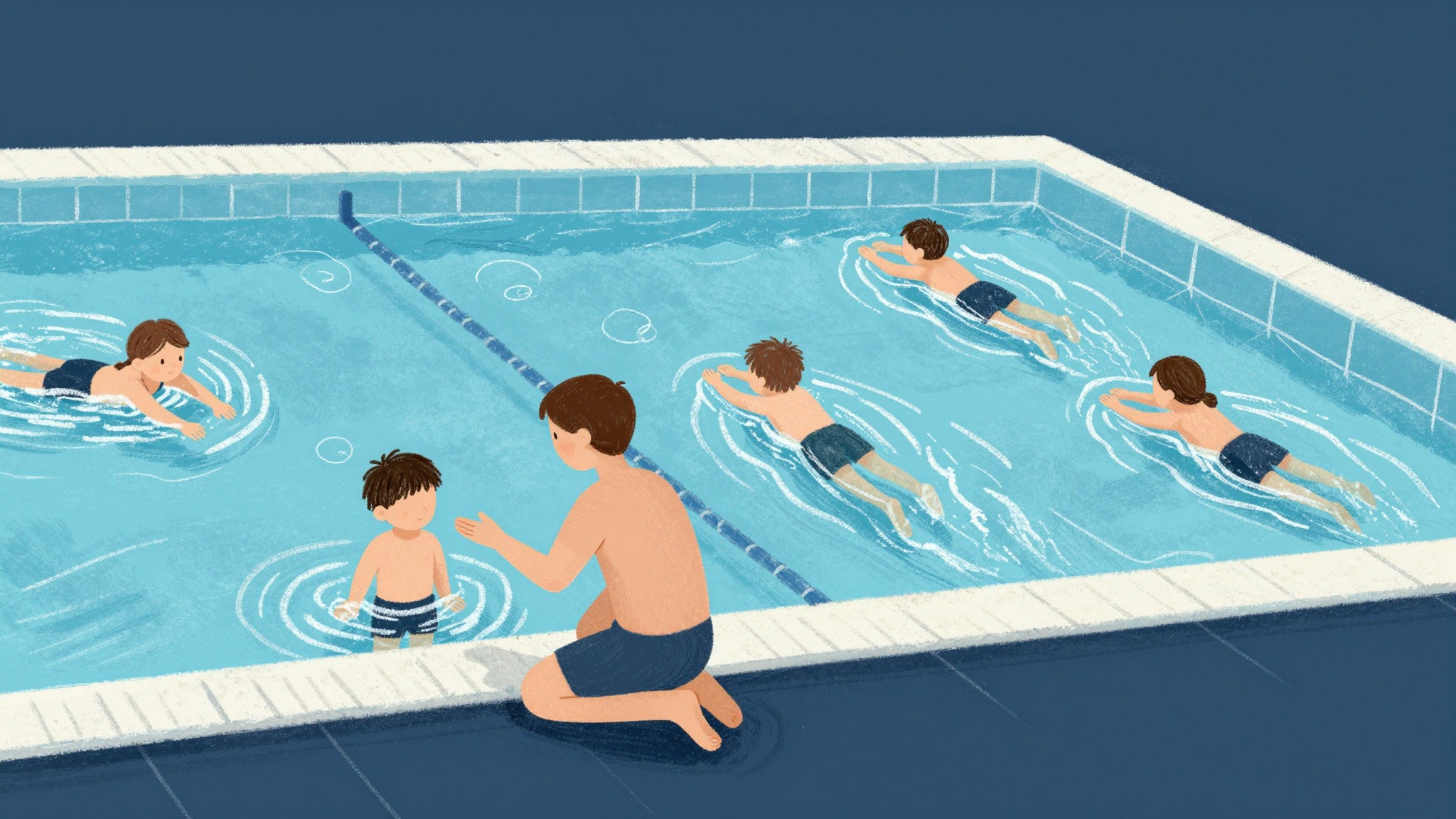 Swimming lesson in a small group: instructor gives individual feedback