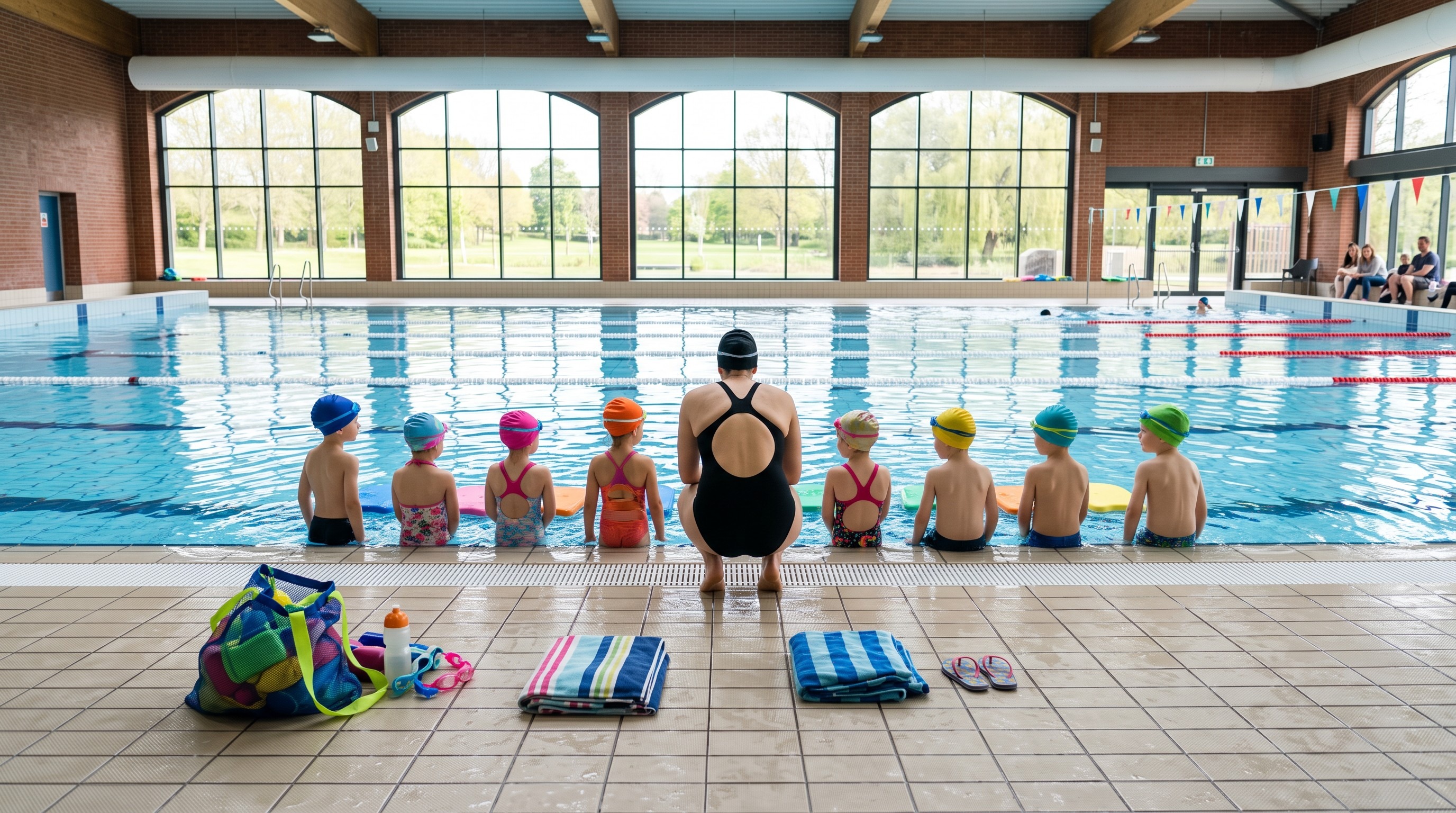 Niños con gorros y ropa de baño sentados listos al borde de una piscina cubierta antes de que empiece la clase de natación