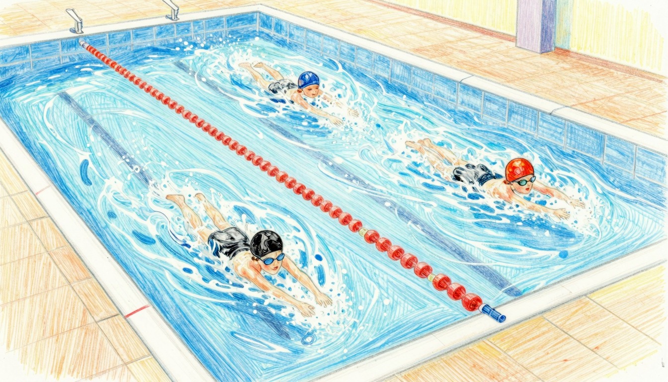 Kleurpotlood tekening van kinderen in zwemlessen