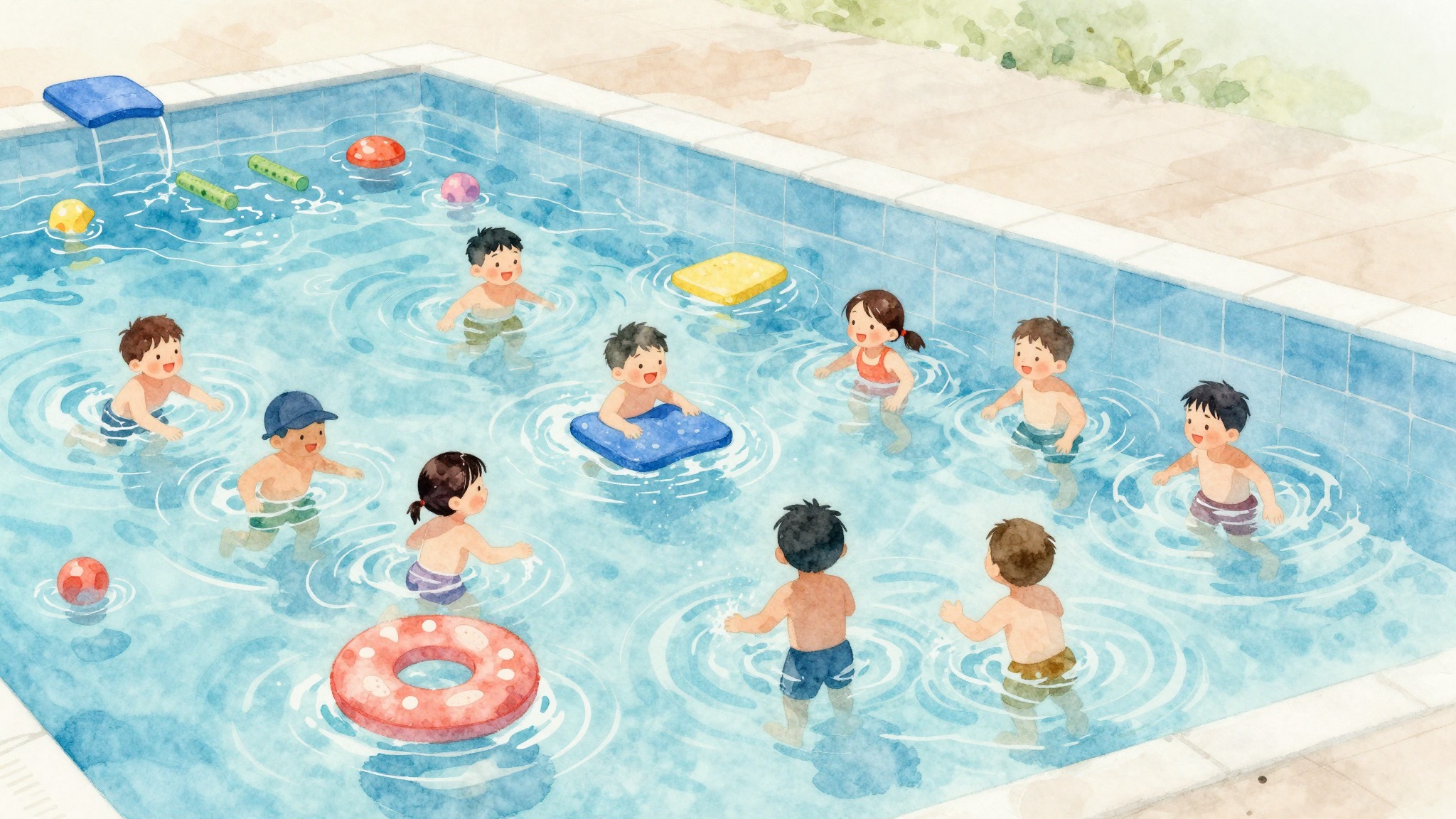 Children during a swimming lesson in clear pool water