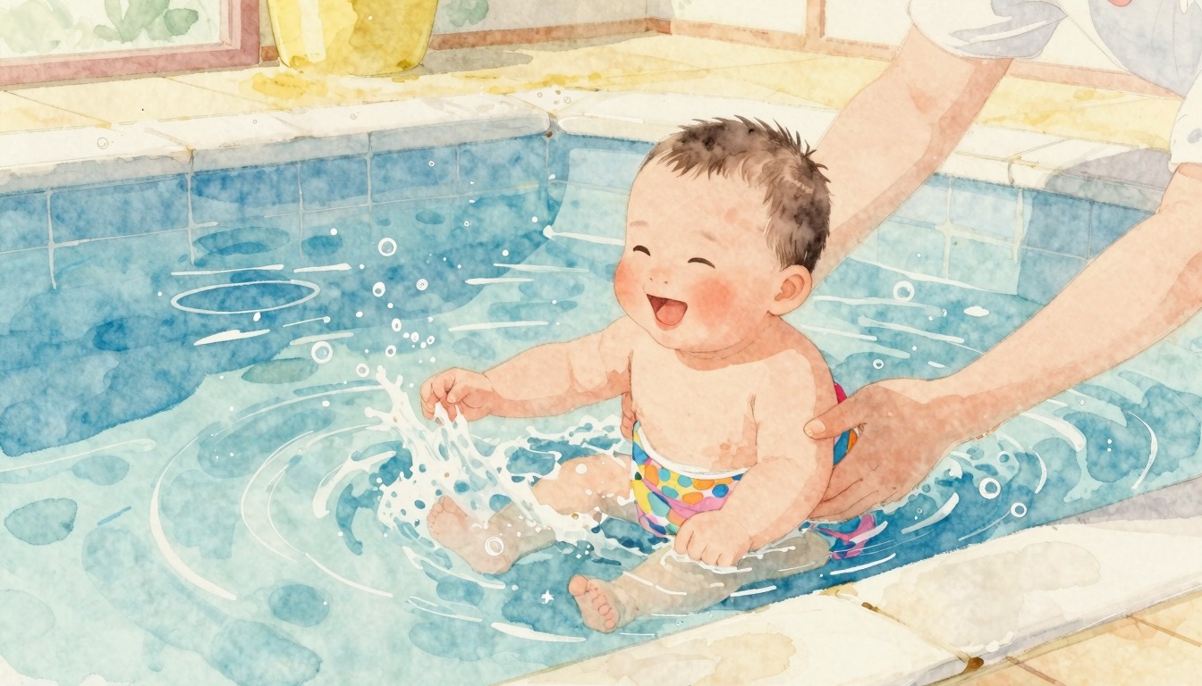 Baby spelend in het zwembad tijdens babyzwemmen