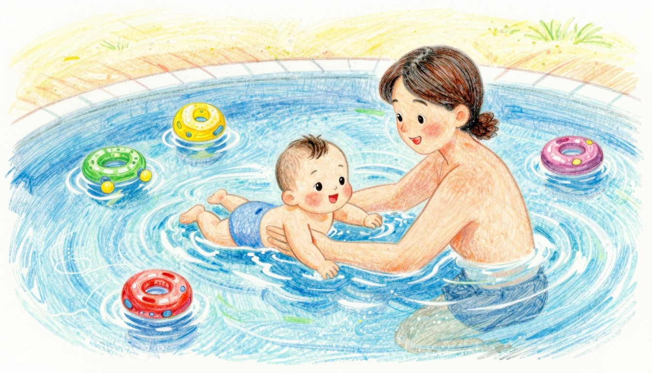 Ouder en baby tijdens babyzwemles in een kleurrijk binnenzwembad