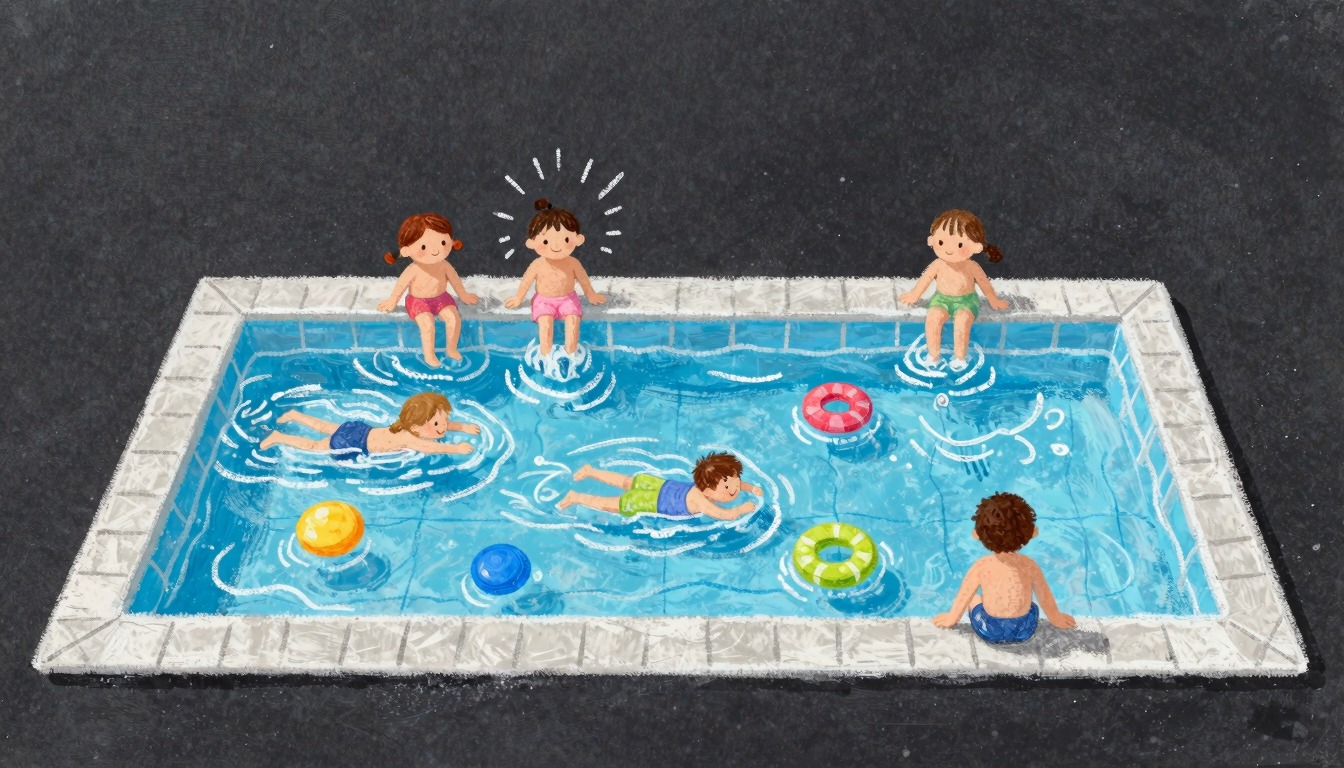 Children learning to swim in a cheerful pool