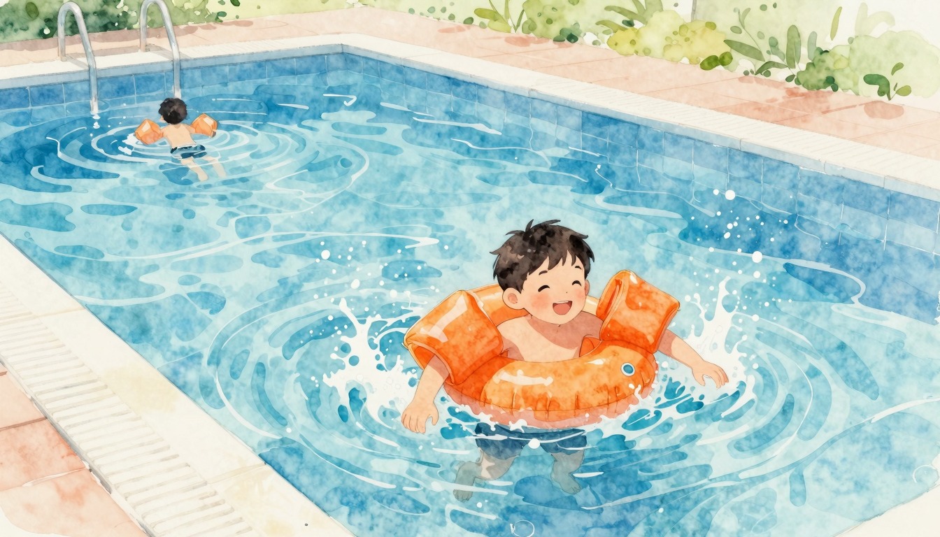 Child with swim wings playing in a pool, watercolor illustration