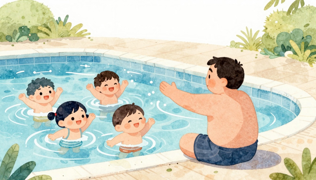 Swimming instructor encouraging children at the pool