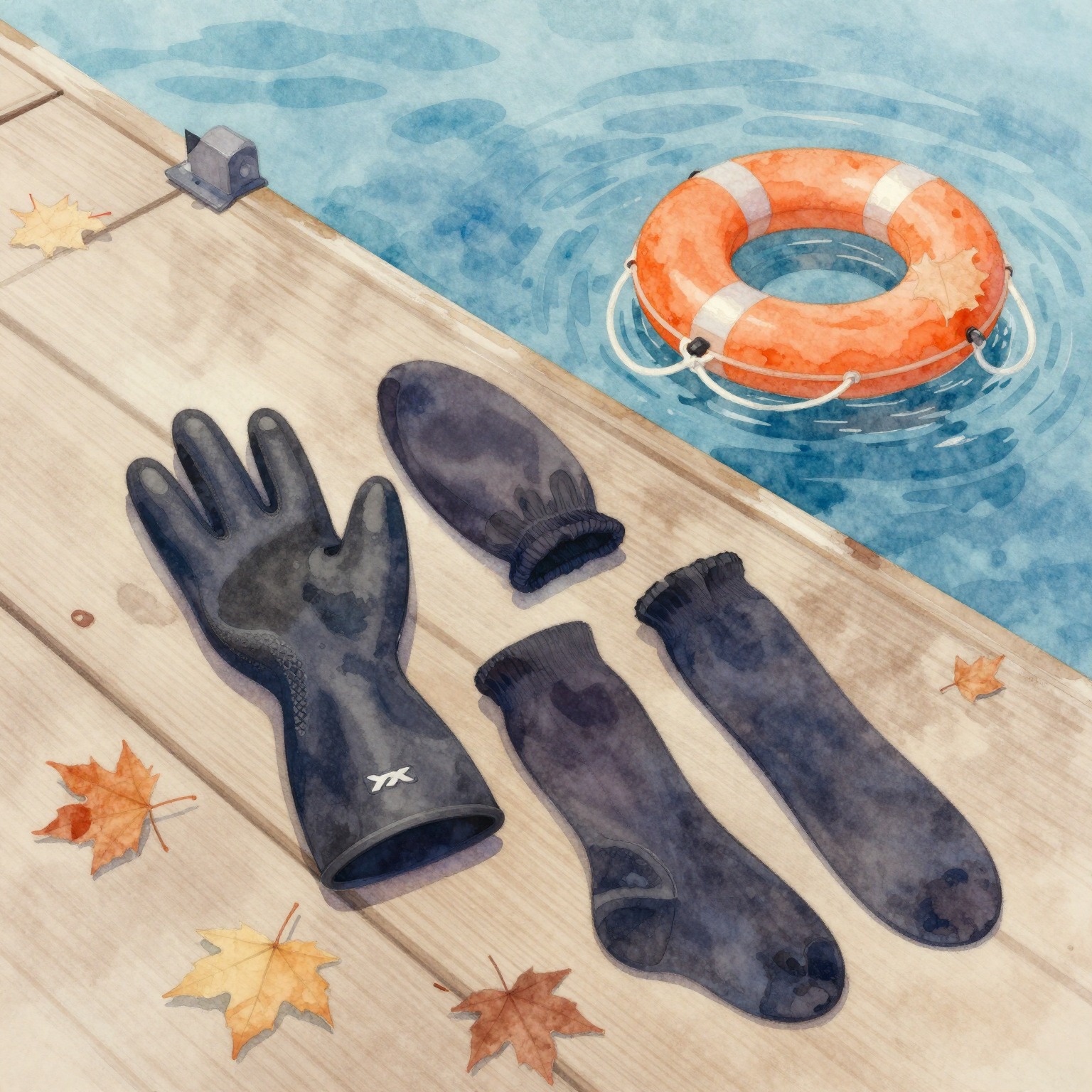 Neopreen zwemhandschoenen en zwemsokken op een houten steiger aan een koud Nederlands meer, waterverf illustratie