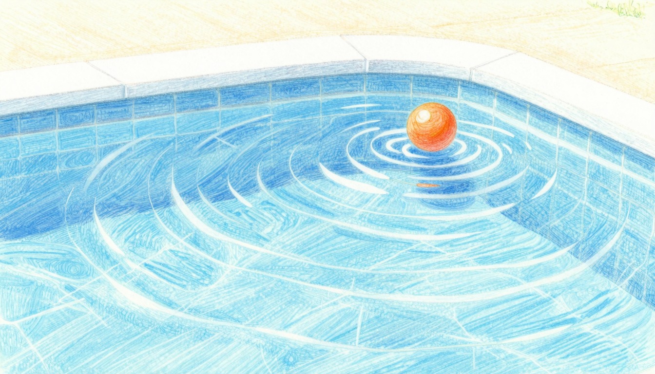 Kleurpotlood illustratie van een zwembadwater met een oranje bal erin, met rimpelingen op het wateroppervlak