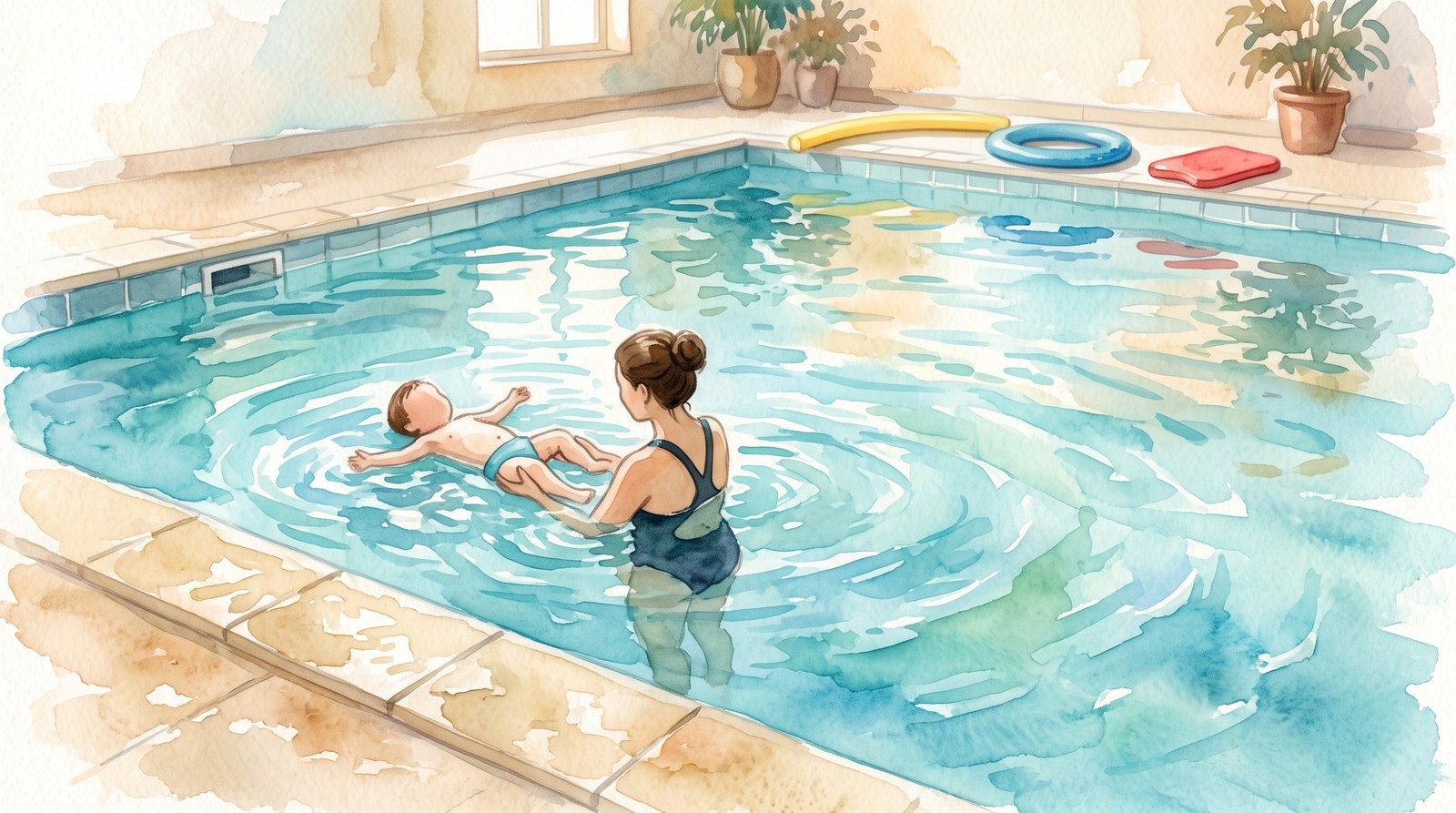 Kind met een lichamelijke beperking oefent drijven op de rug in warm water met begeleiding van een instructeur