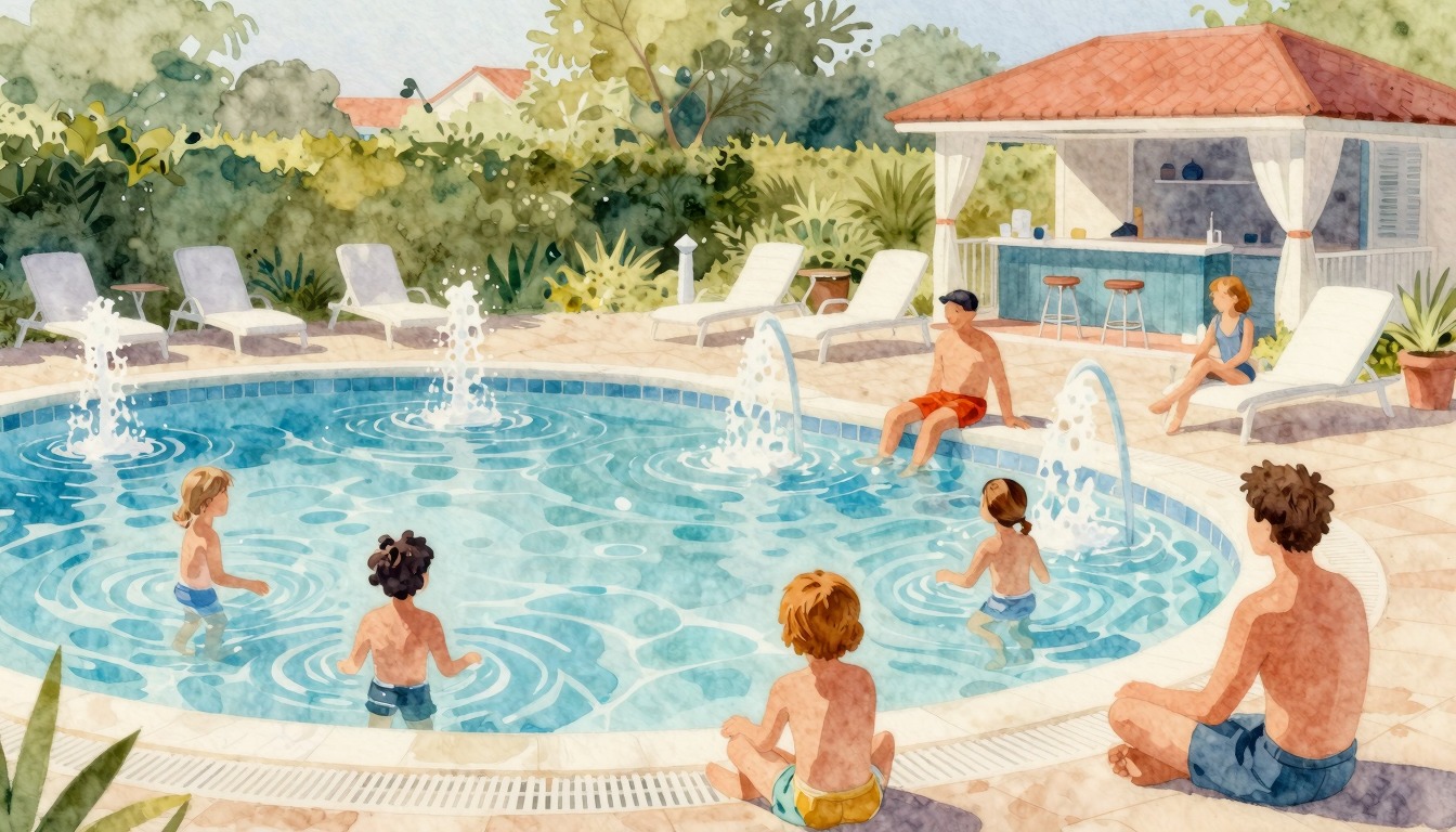 Nederlands gezin geniet van verschillende zwembadvoorzieningen