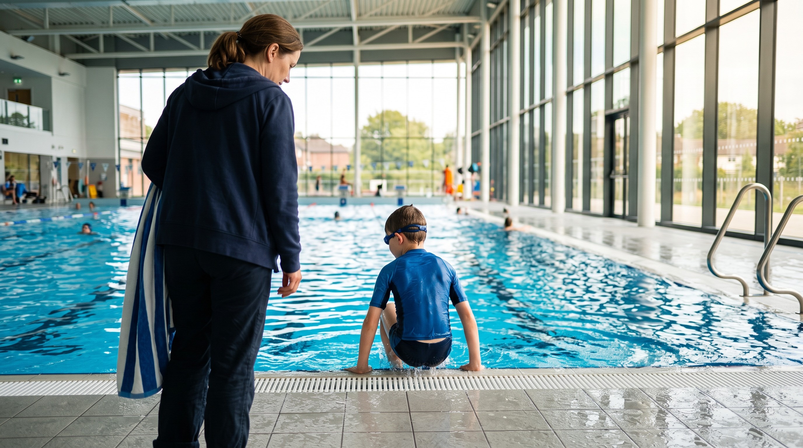 Parent in regular clothes stands by the edge of an indoor pool while a child climbs out of the water wet
