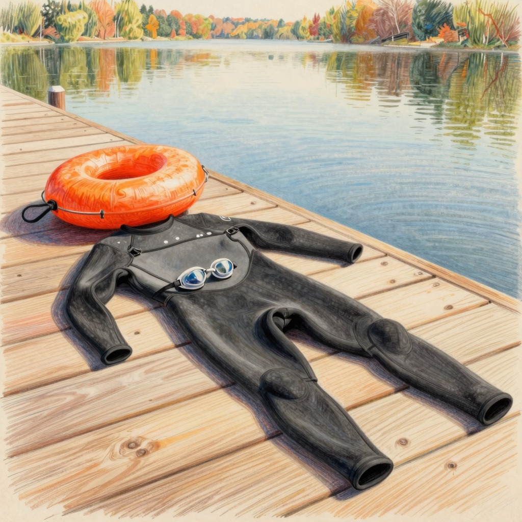 Zwarte wetsuit op een houten steiger aan een Nederlands meer, kleurpotlood illustratie