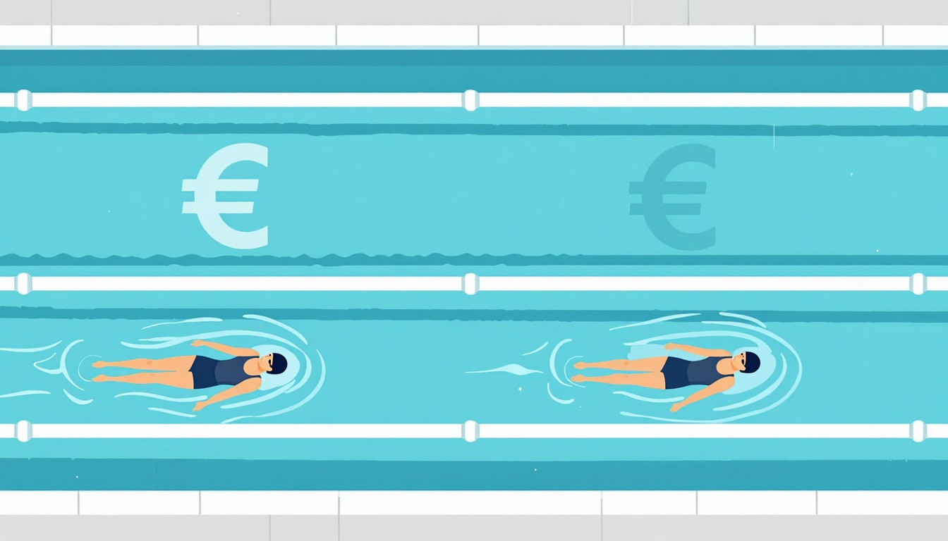 Digitale illustratie van banenzwemmen: zwemmers in parallelle banen van bovenaf gezien