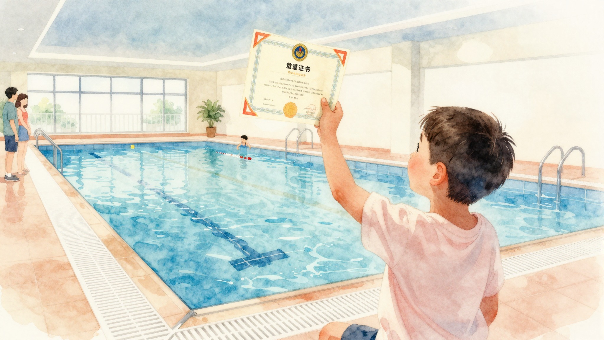 Kind met zwemdiploma bij het zwembad, waterverf illustratie