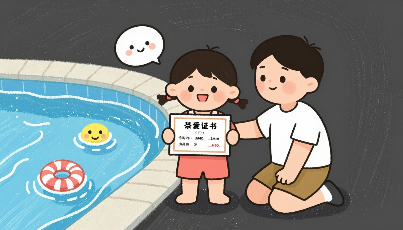 Child proud with swimming diploma at poolside
