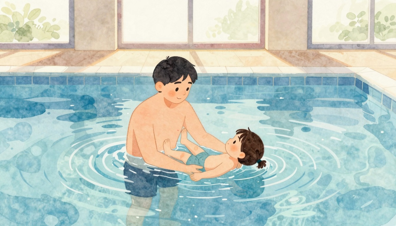 Waterverf illustratie van ouder die kind leert drijven in zwembad