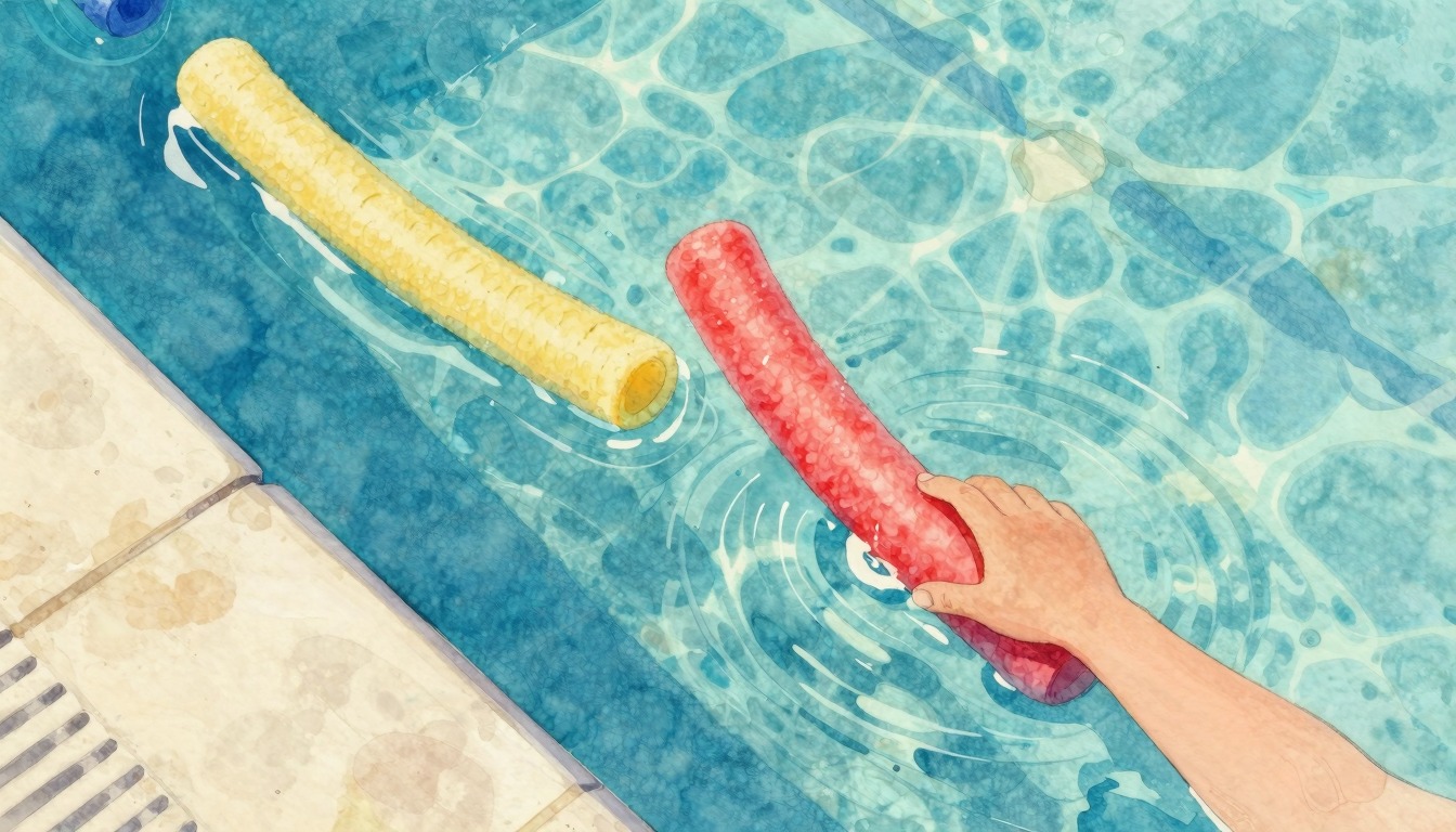 Poolnoodles in een zomers zwembad, waterverf stijl