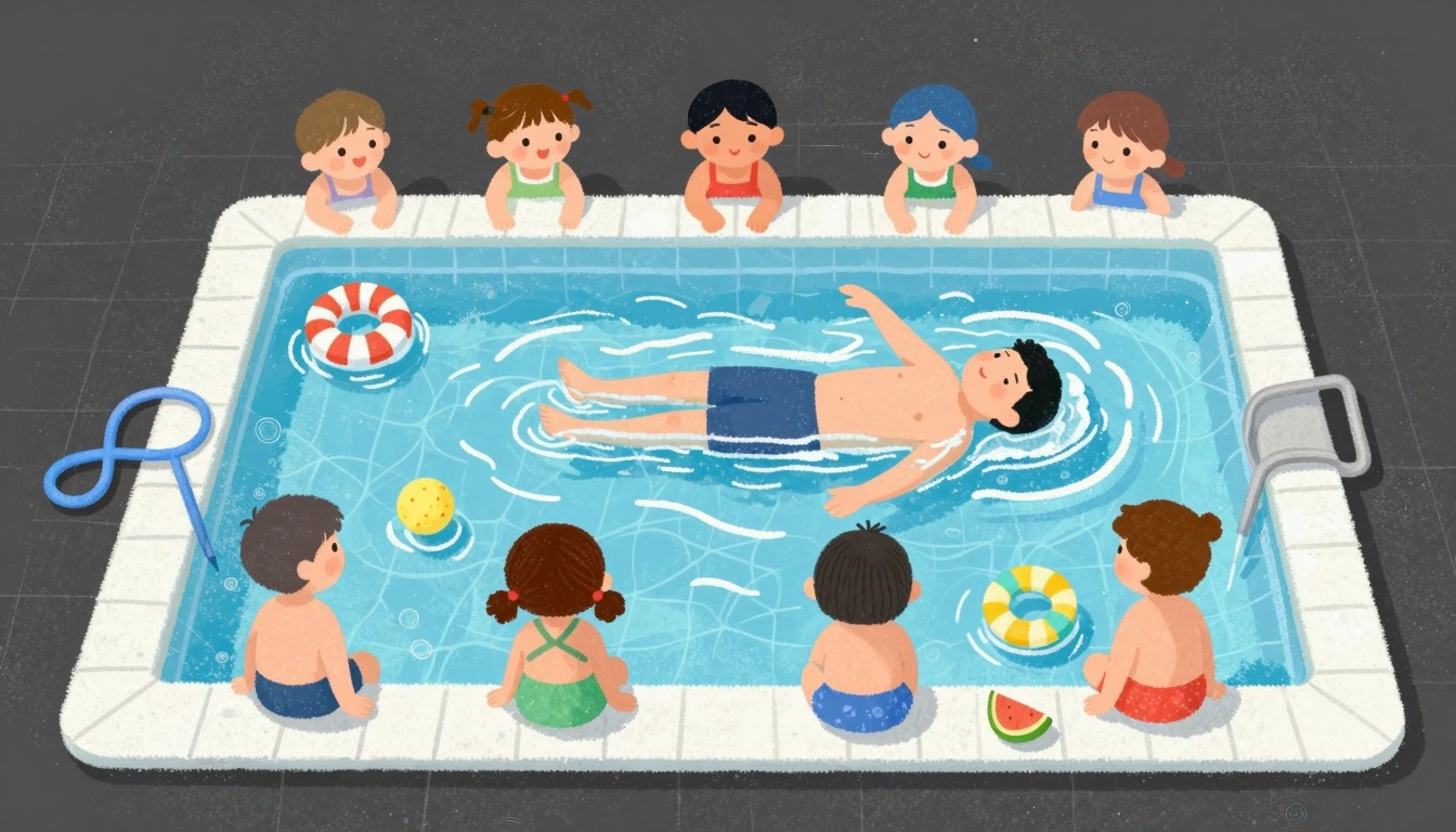 Swim instructor demonstrating back floating to group of children in the pool, chalk style illustration