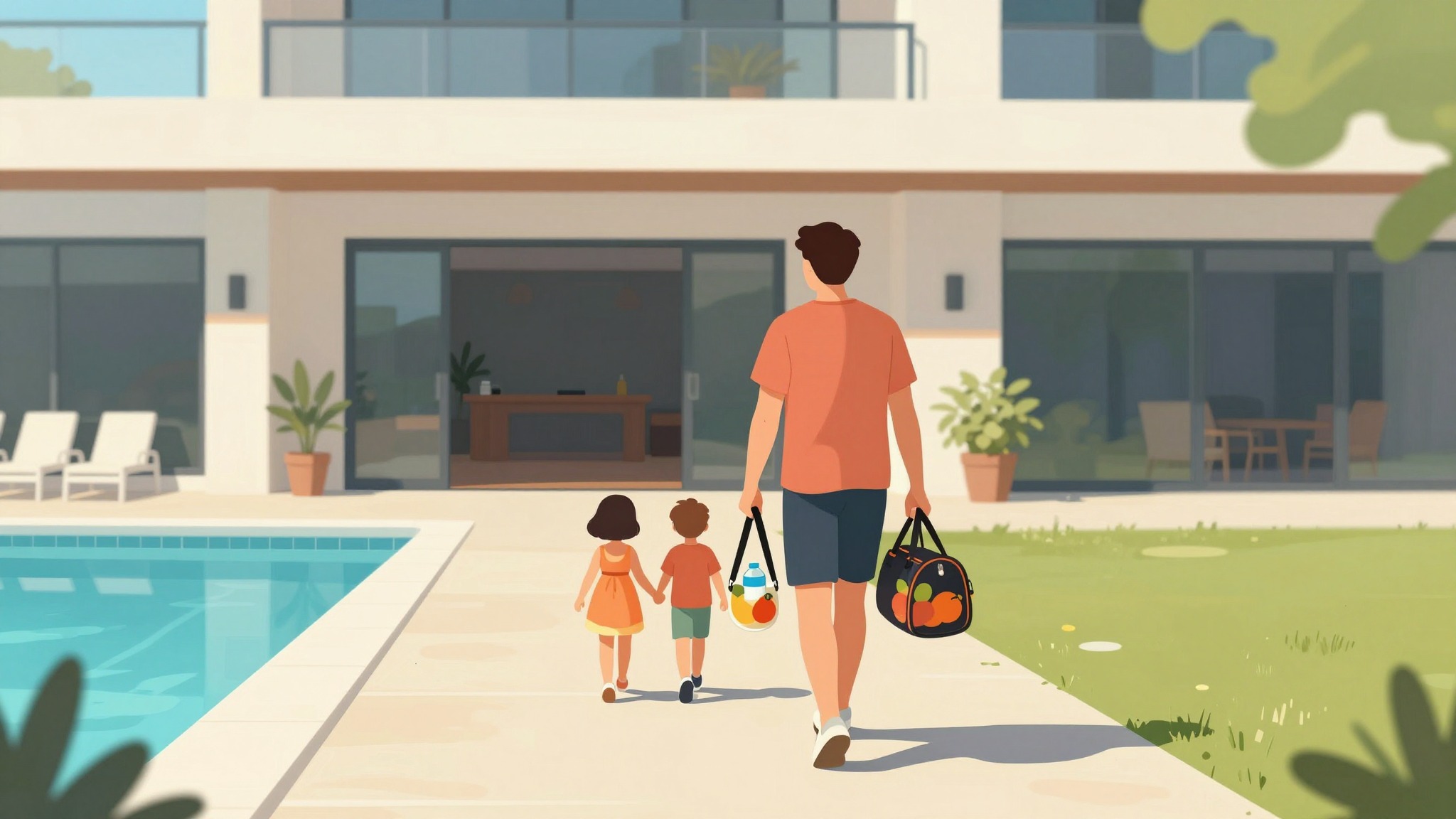 Digital illustration of a family walking to the pool with a bag full of fruit and drinks