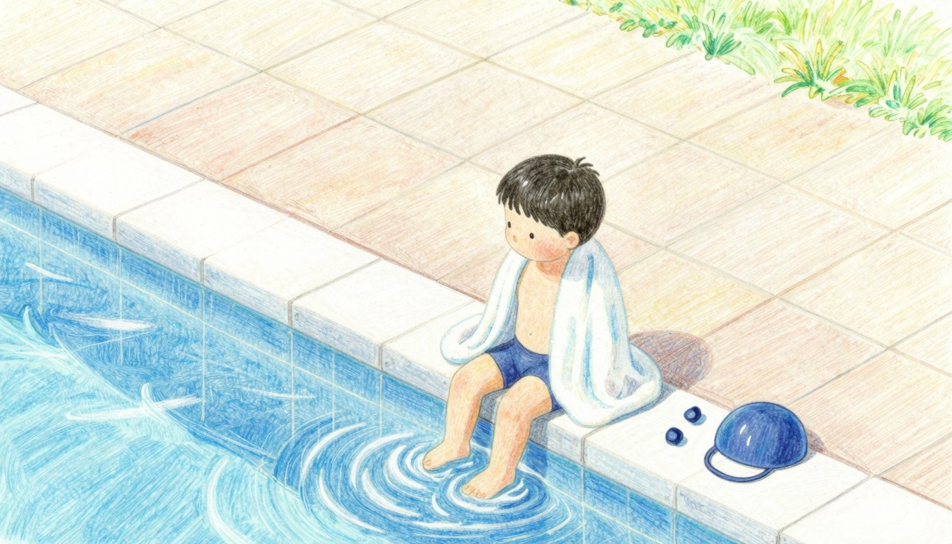 Child with towel at the edge of the pool, colored pencil drawing
