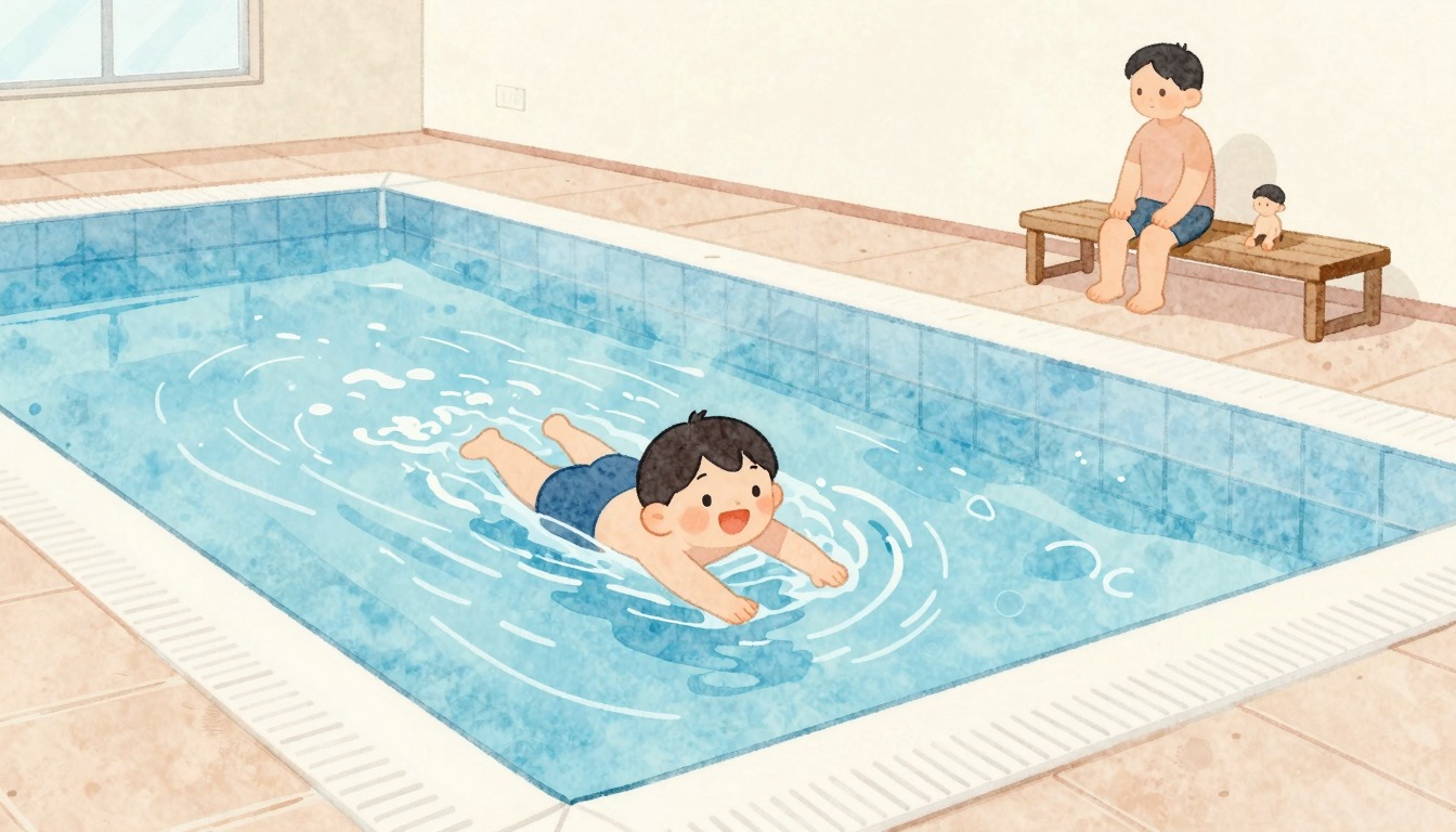 Child swimming a lap while a parent watches, watercolor style