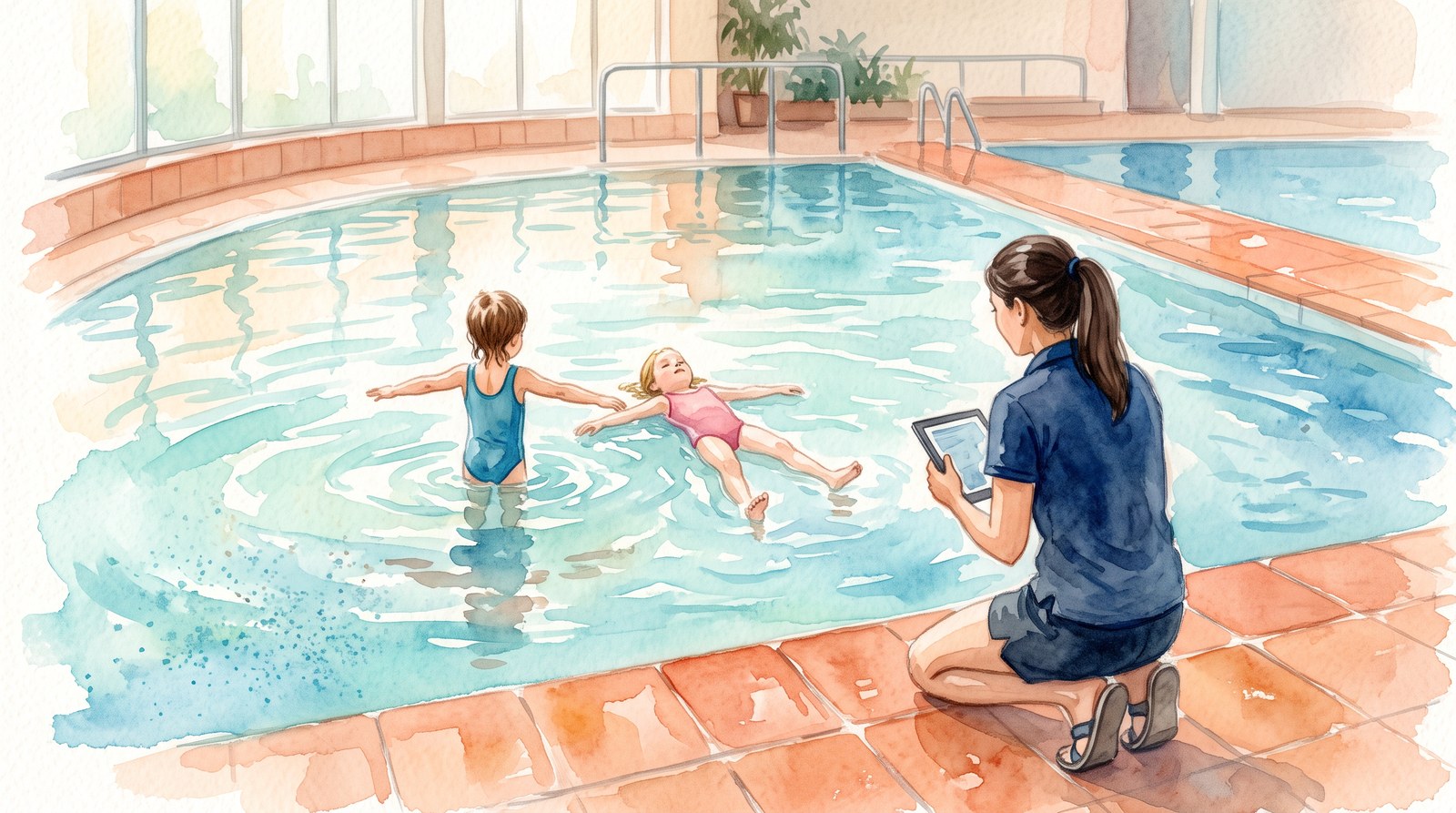 Child practicing treading water in shallow water under supervision of a swim instructor