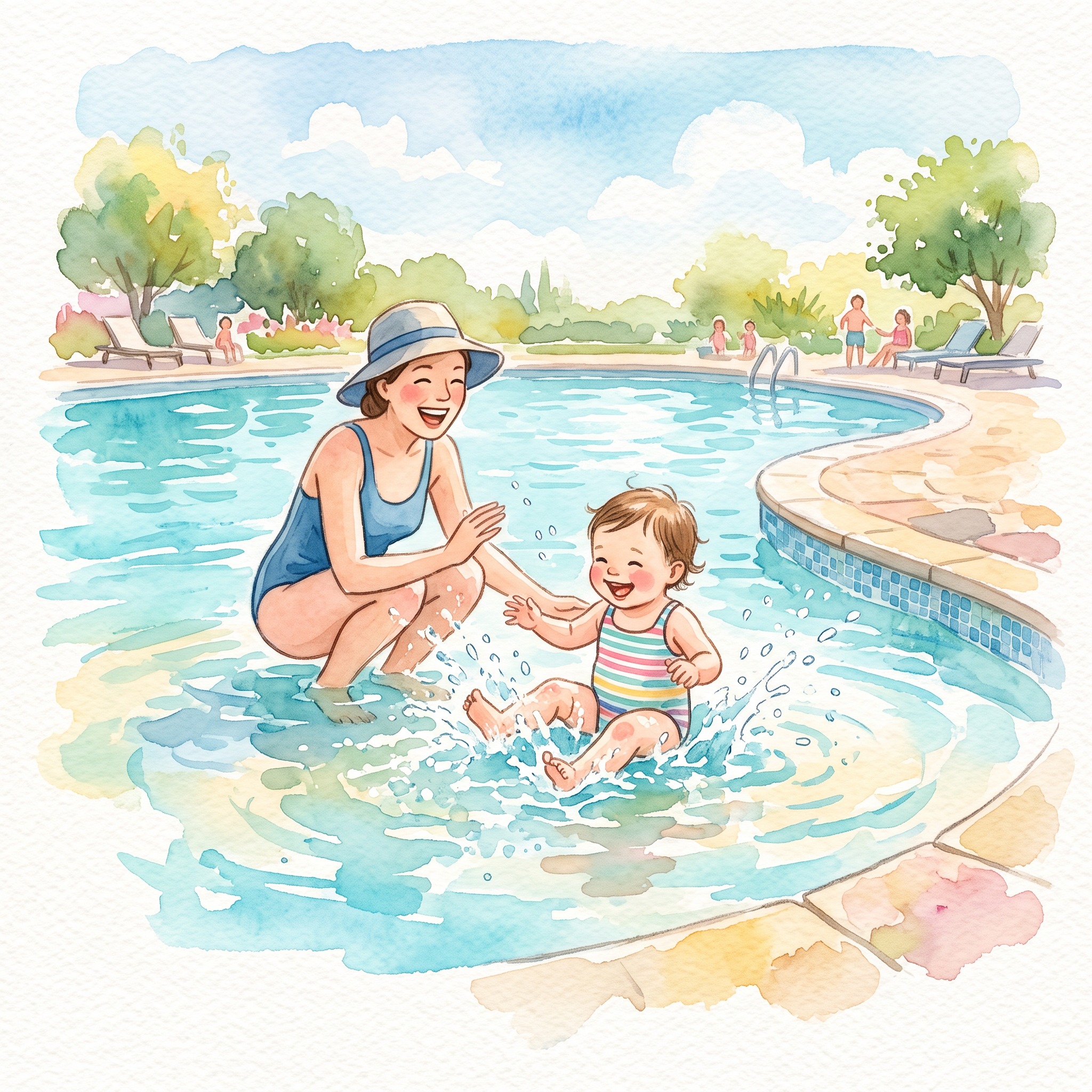 Watercolor drawing of a toddler happily playing in the shallow water of a swimming pool