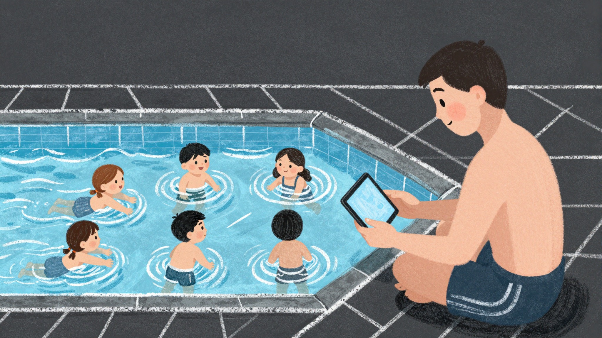 Swimming instructor with digital progress registration at the pool