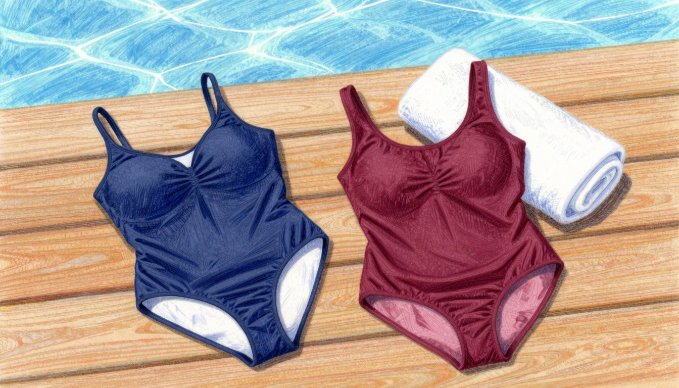 Kleurpotloodtekening van een opgevouwen badpak en een tankini op een houten zwembaddek naast een handdoek