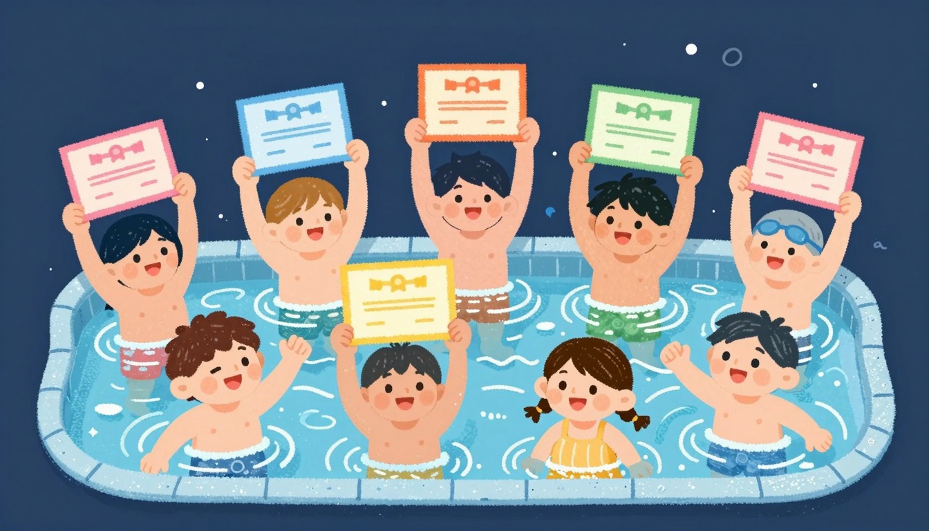 Kinderen vieren zwemlesvoortgang met certificaten
