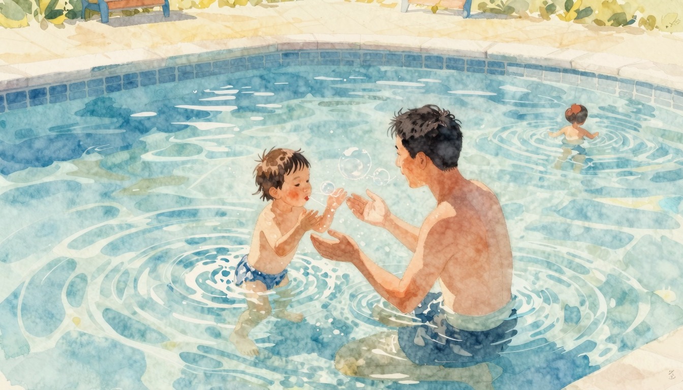 Parent et enfant jouent ensemble dans l'eau peu profonde de la piscine