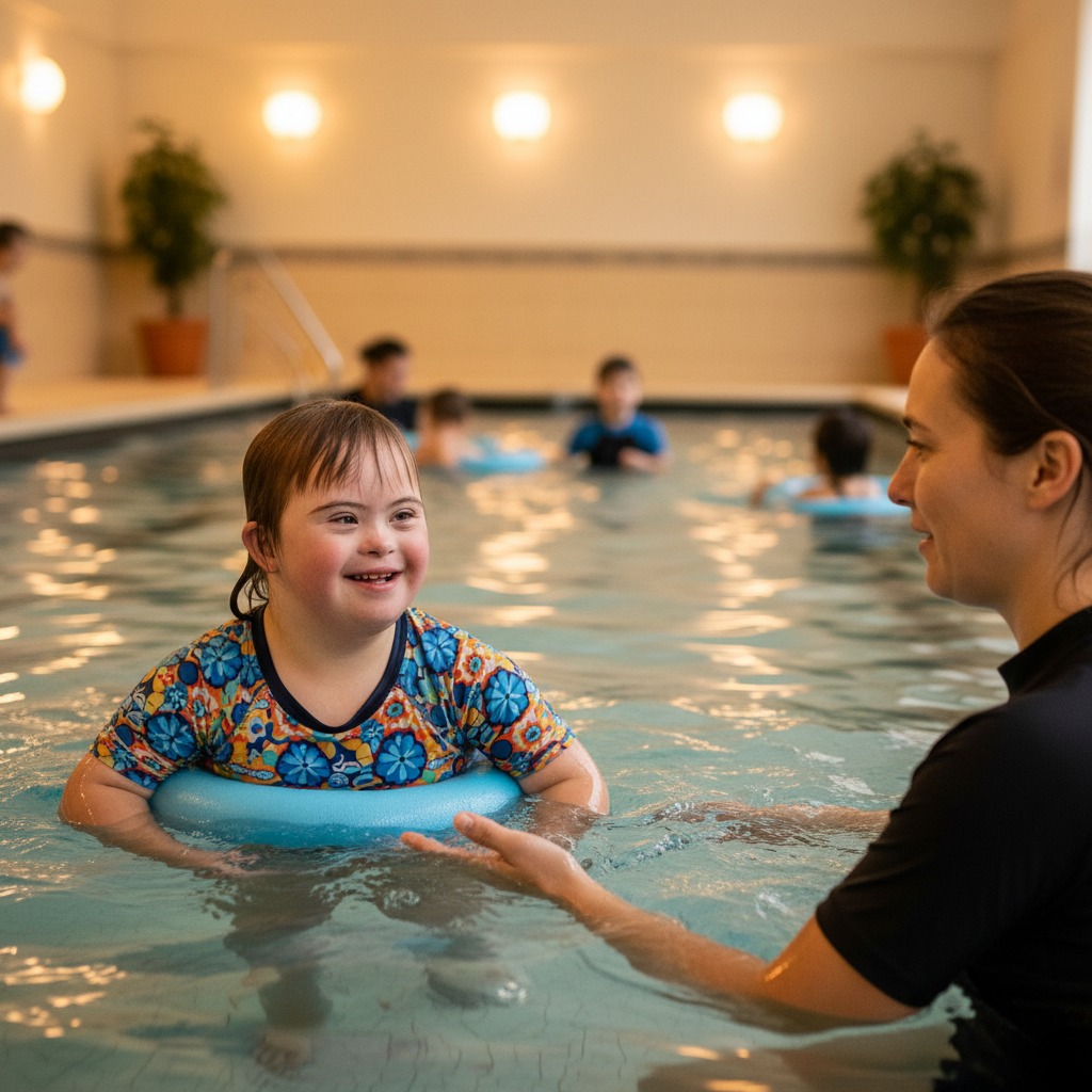 Kind met speciale behoeften leert zwemmen in een therapeutisch zwembad met instructeur