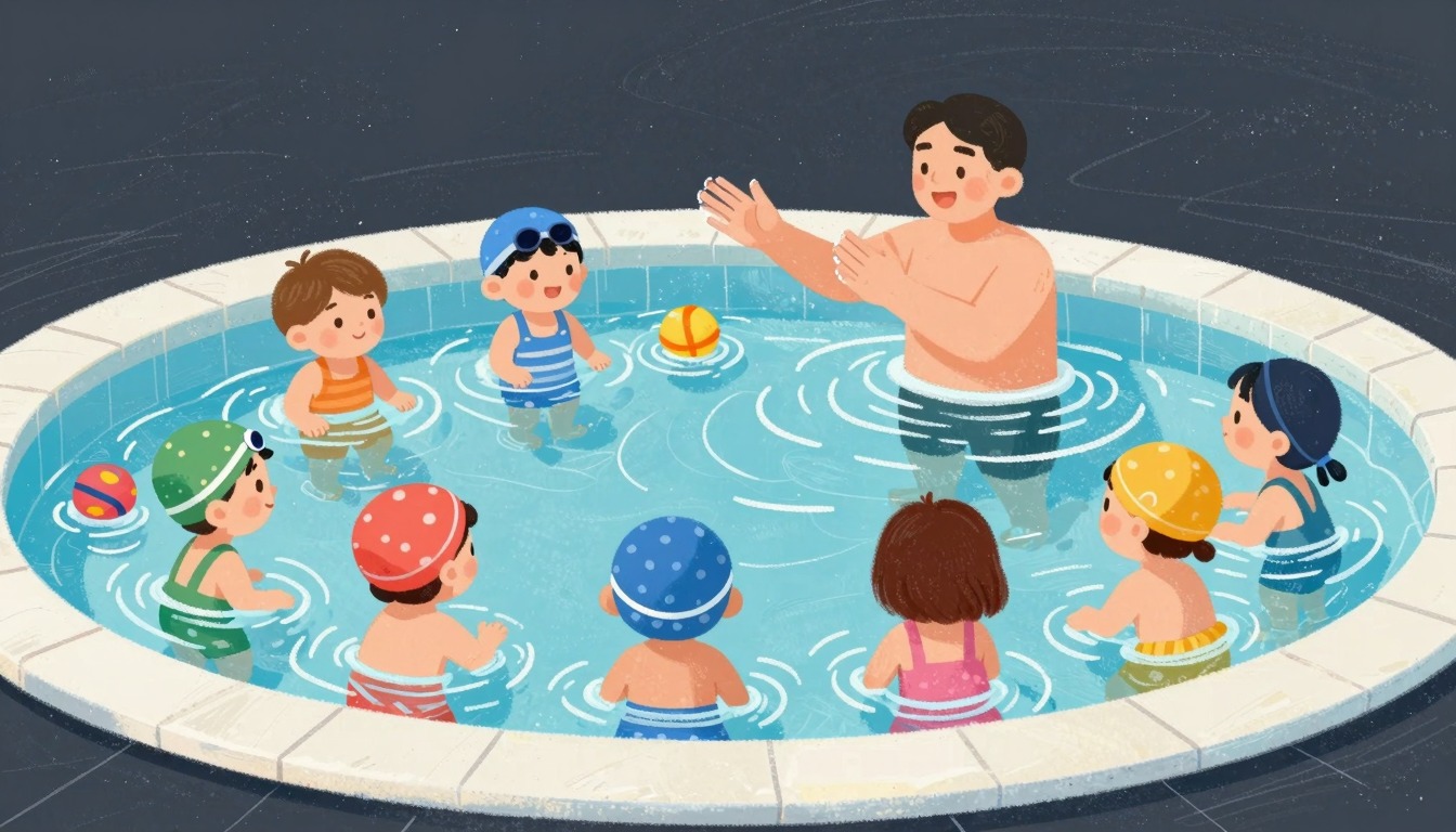 Swimming lessons with visual instruction: chalk drawing of children and swimming instructor in the water