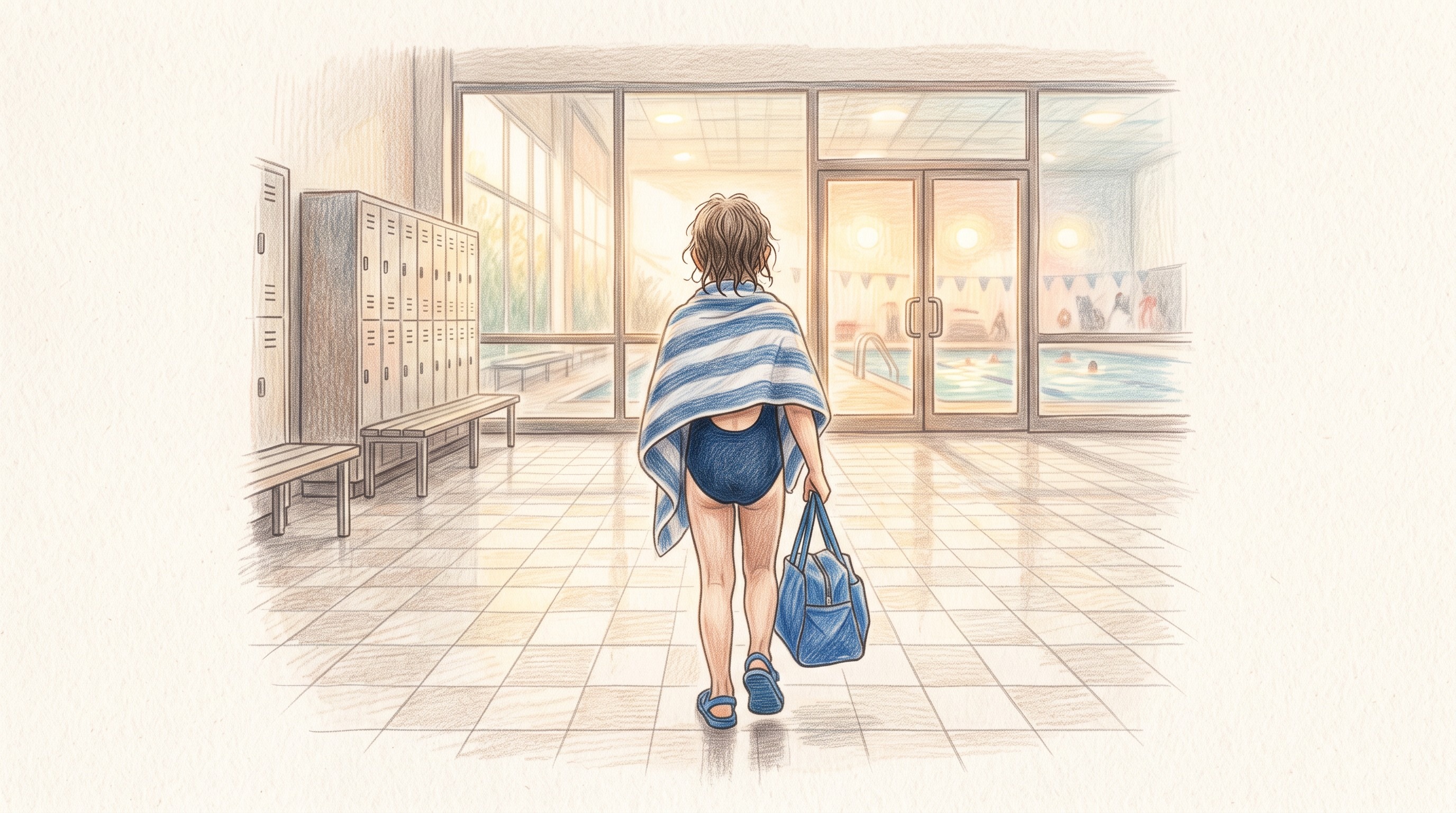 Child carries swim bag to the pool changing room independently